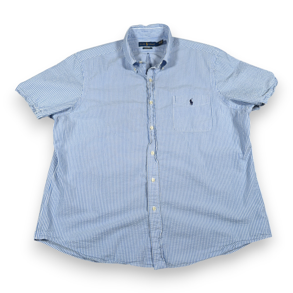Ralph Lauren Shirt Adult 2XL XXL Blue White Striped Seersucker Cotton Preppy Big